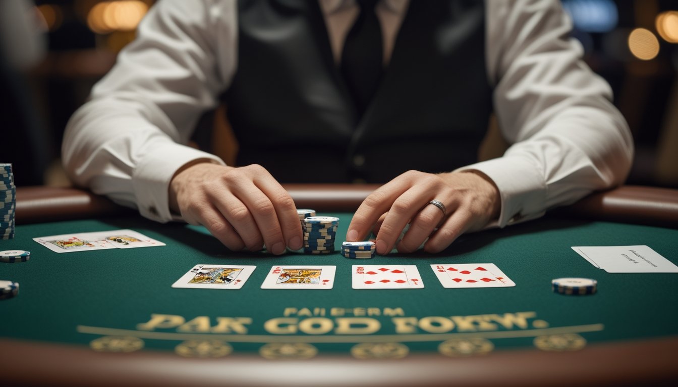 Seorang pemain Pai Gow Poker yang tenang mengatur kartu dan keping taruhan di meja kasino.