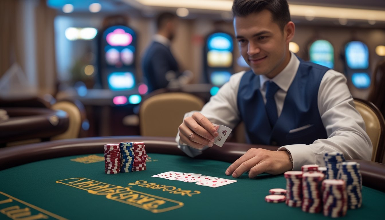 Pemain pemula Pai Gow Poker menata kartu dan chip taruhan dalam jumlah terbatas di meja kasino.