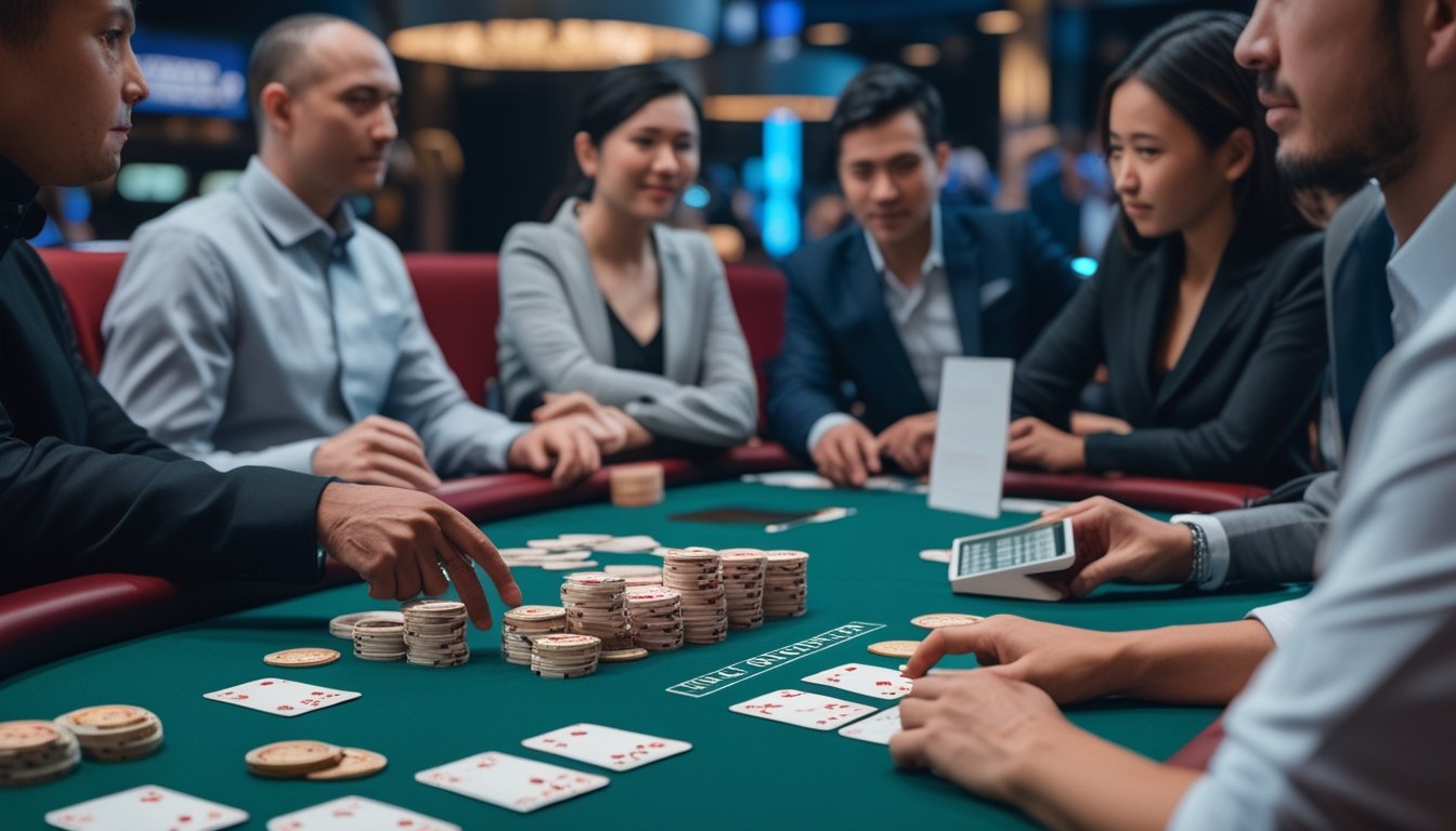 Pemain pemula Pai Gow Poker mengatur tumpukan chip kecil di meja kasino bersama dealer.