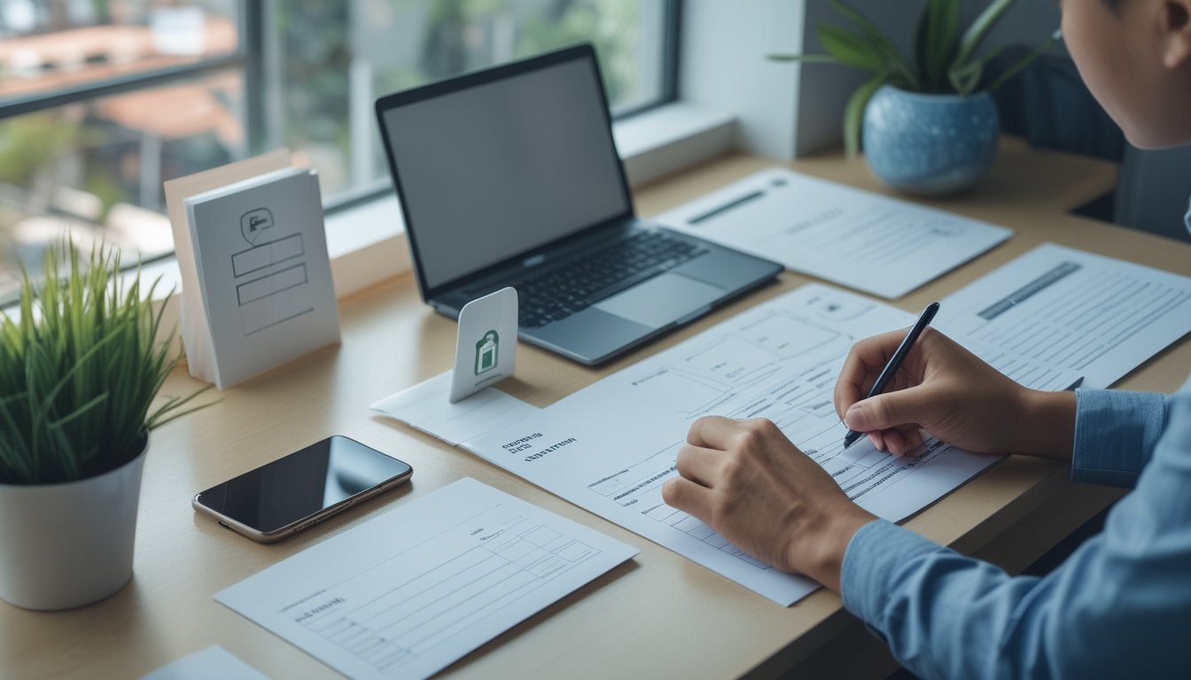 Seseorang menyiapkan pendaftaran akun online di meja kerja dengan laptop, ponsel, dokumen, daftar periksa, dan simbol keamanan.
