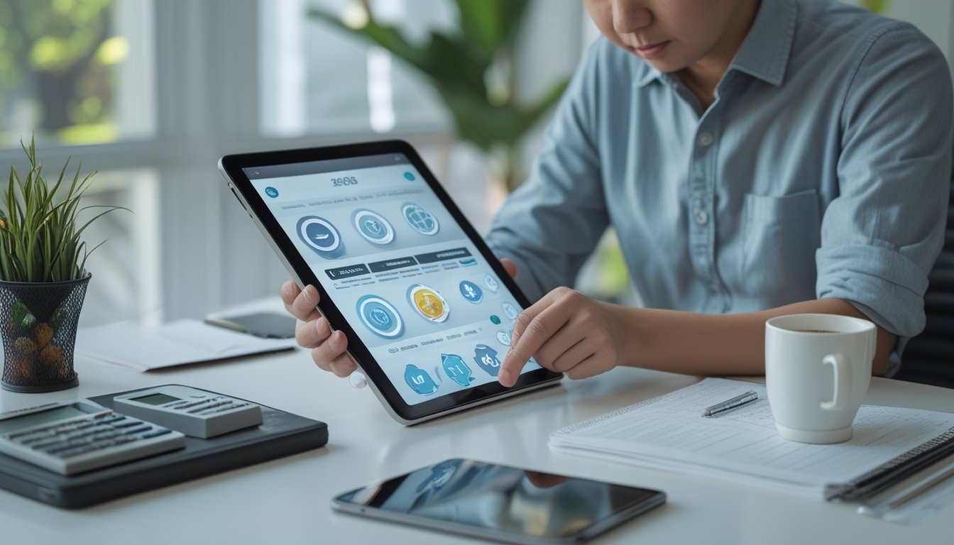Seseorang mempelajari informasi permainan togel dan slot online di meja kerja dengan tablet, catatan, dan kalkulator.