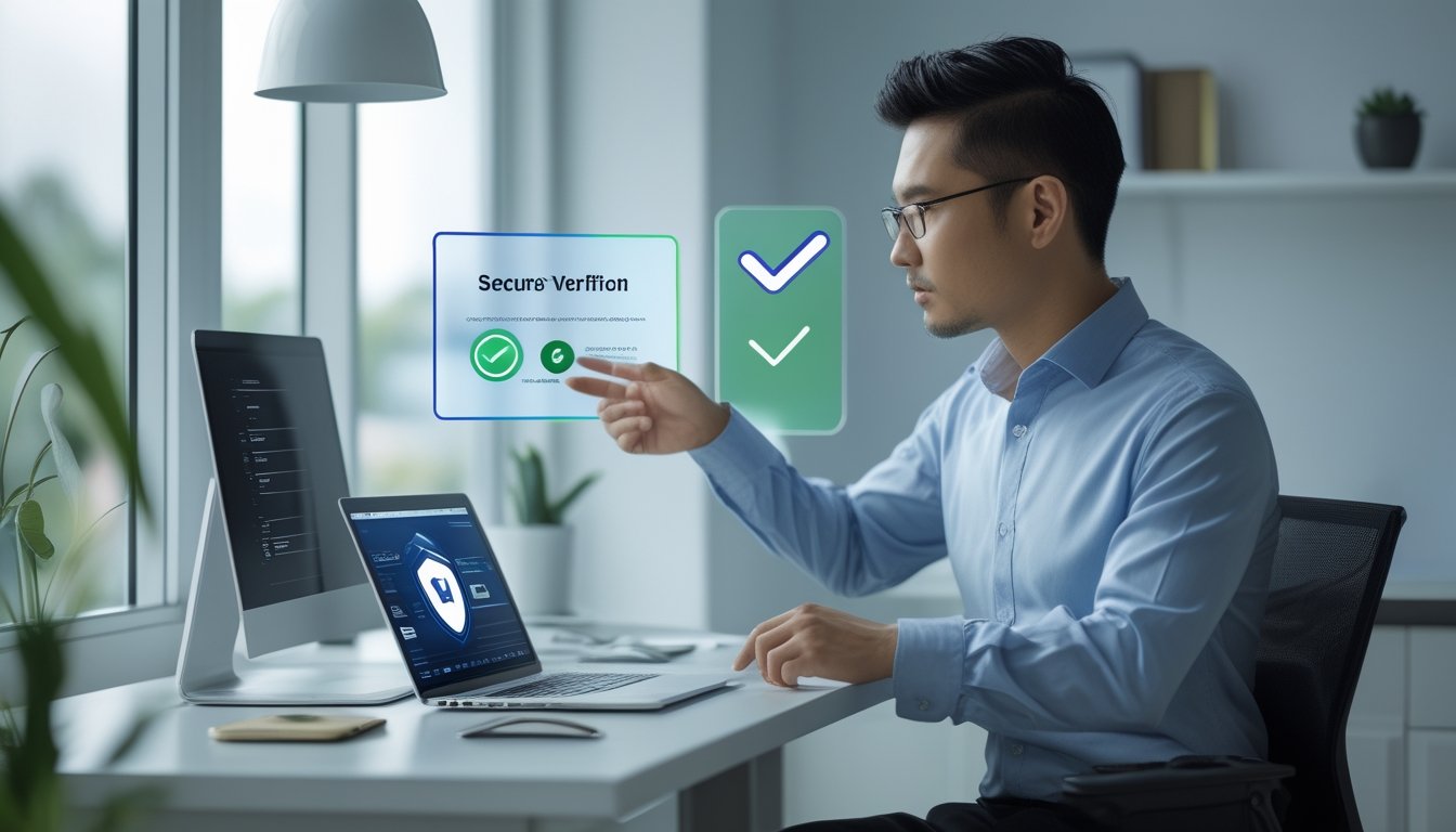 Seorang profesional memeriksa keamanan akses situs melalui laptop dan ponsel di ruang kerja modern.
