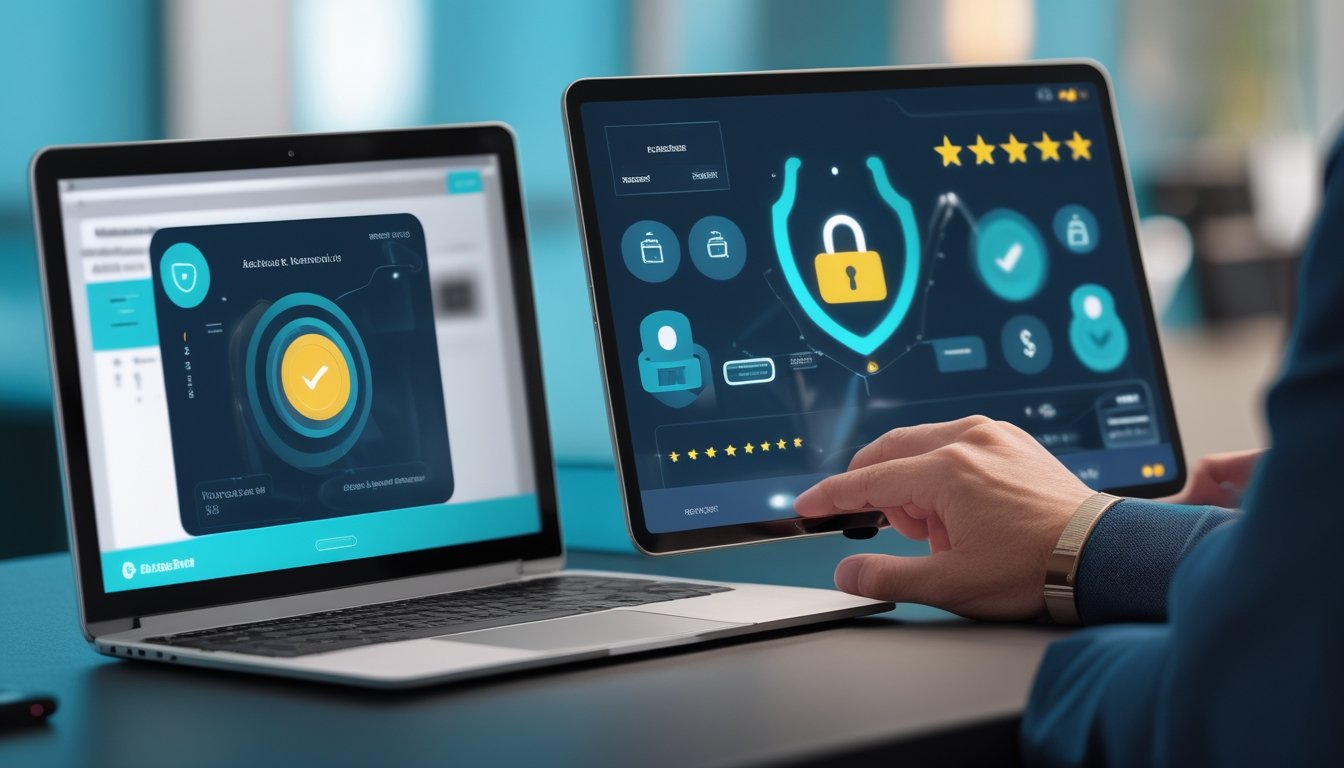Seorang analis memeriksa laptop, tablet, dan ponsel dengan simbol keamanan serta verifikasi di meja kerja modern.