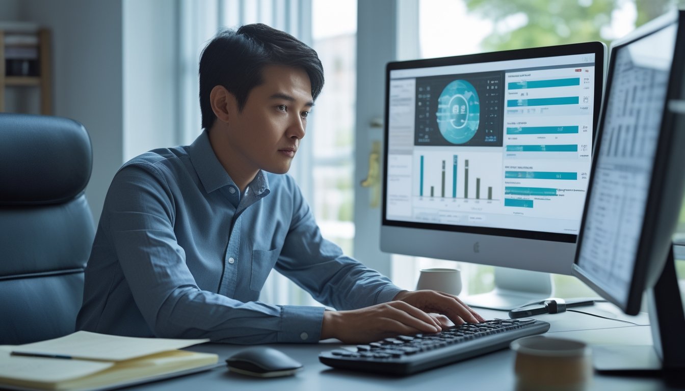 Seseorang menganalisis grafik dan pola statistik di meja kerja dengan laptop, monitor, kalkulator, dan buku catatan.
