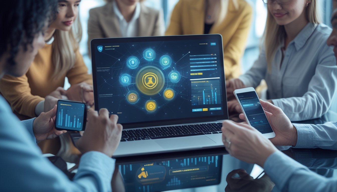 Sekelompok orang dewasa meninjau platform hiburan digital modern pada laptop dan ponsel di ruang studio.