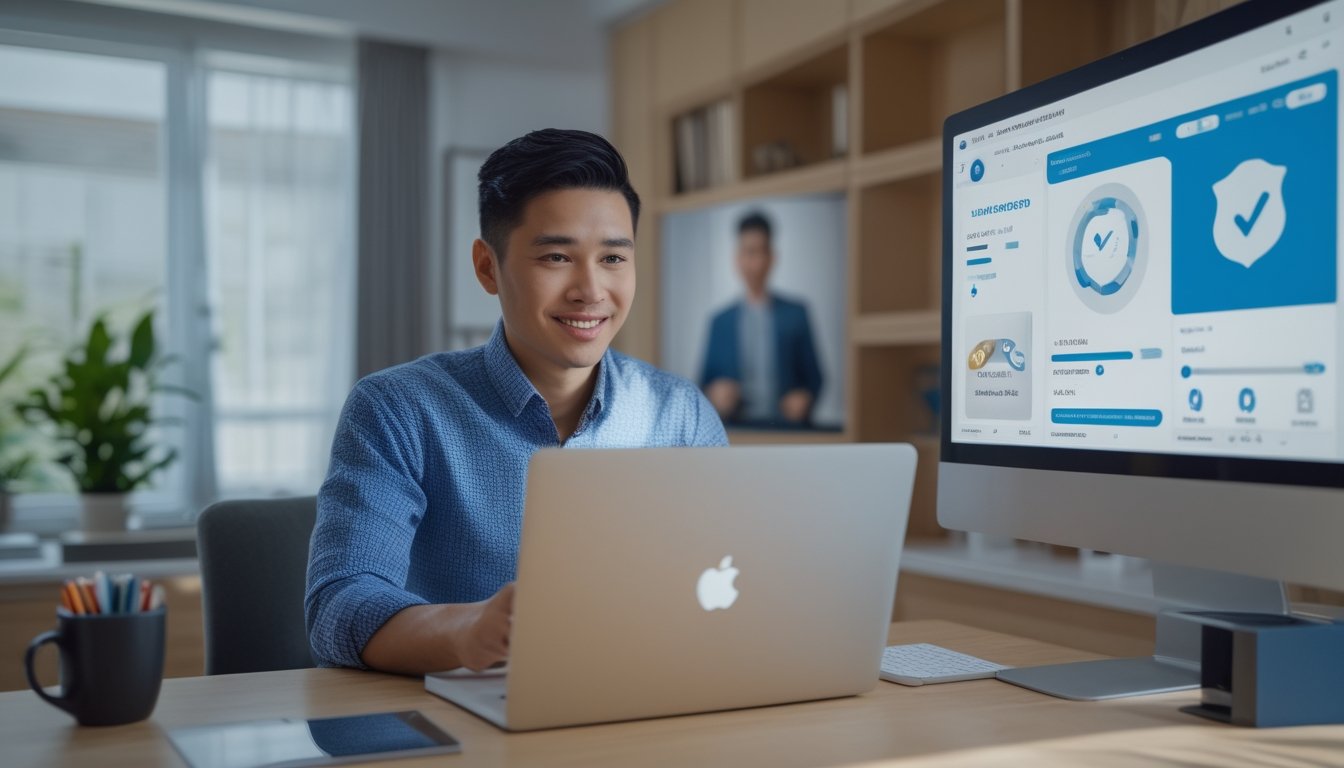 Seorang profesional menggunakan laptop dengan tampilan layanan digital aman dan dukungan pelanggan melalui video call.