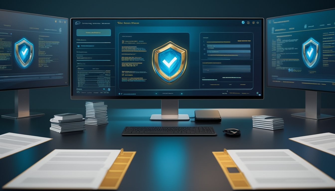 Sekelompok profesional meninjau platform digital yang aman di ruang kerja modern dengan simbol perisai dan verifikasi.