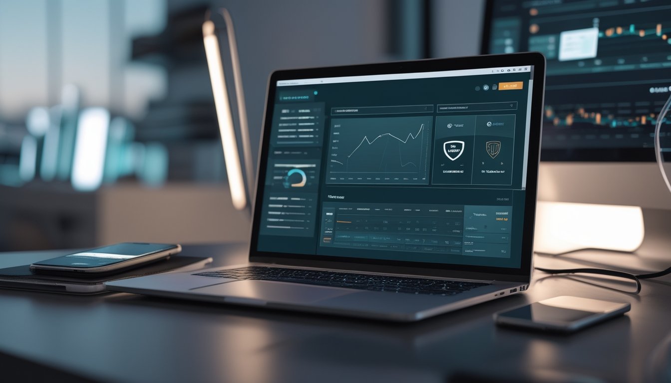 Laptop dan ponsel menampilkan antarmuka taruhan digital dengan simbol keamanan di ruang kerja modern.
