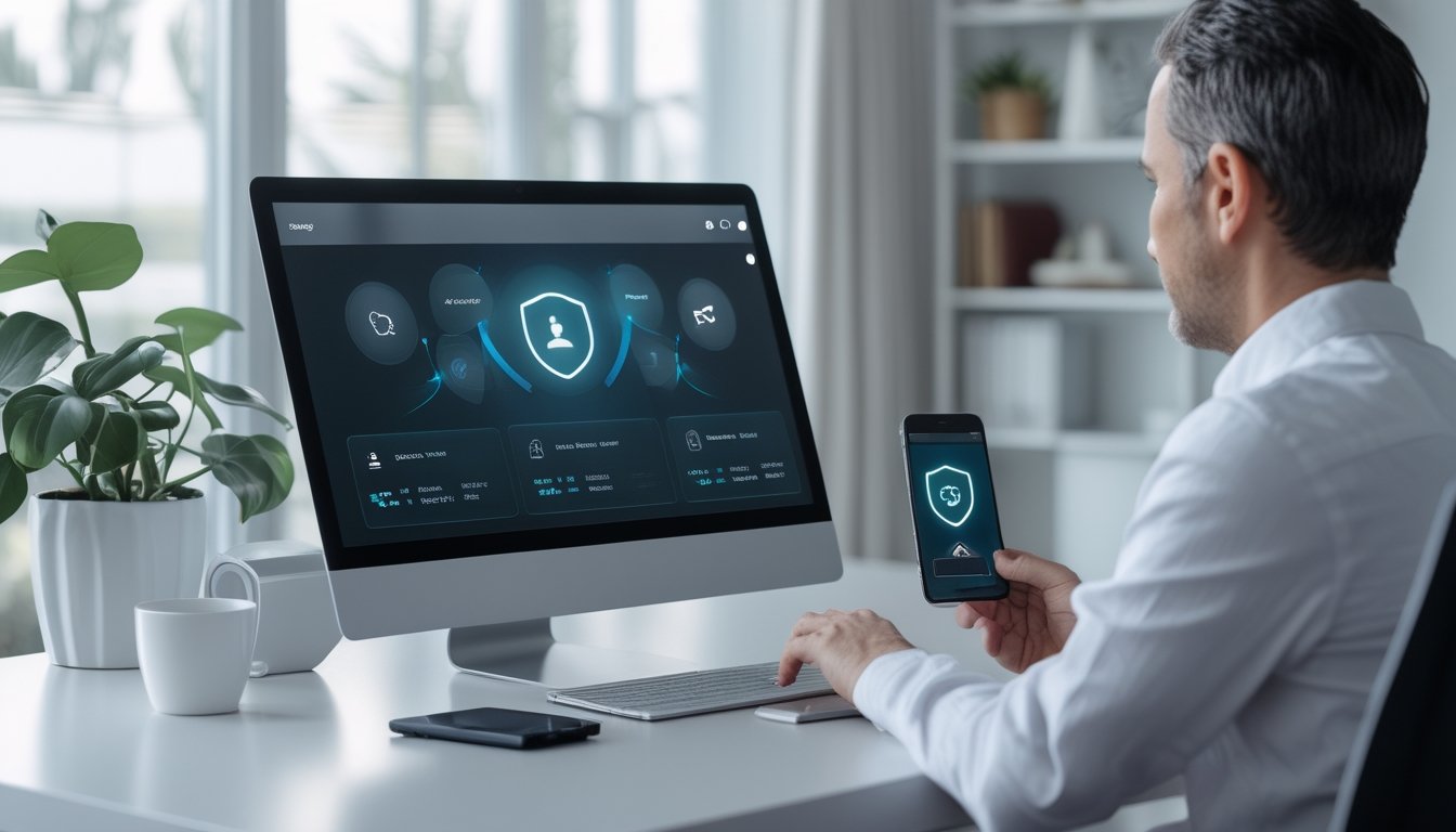 Seseorang menggunakan laptop dan ponsel di ruang kerja modern dengan elemen keamanan digital abstrak.