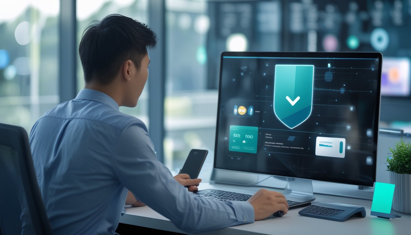Pengguna menyiapkan verifikasi akun dan pembayaran pada laptop dengan ponsel di sampingnya.