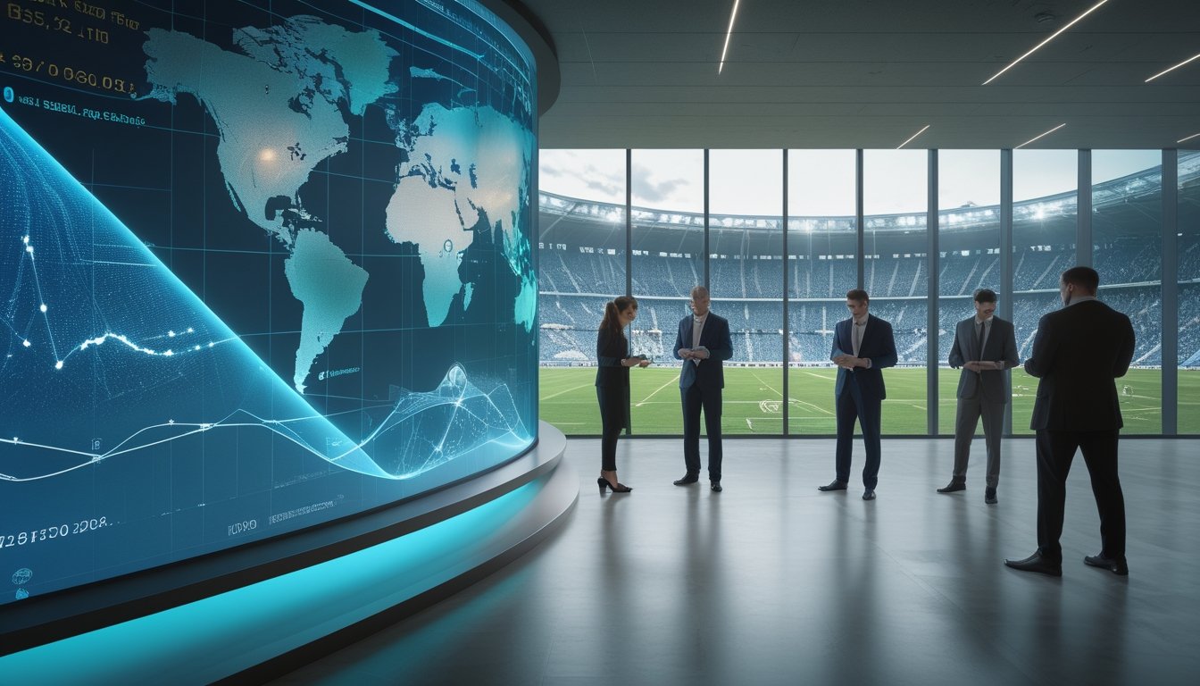 Analis olahraga menganalisis tren pasar global di ruang kerja modern dengan latar stadion sepak bola internasional.