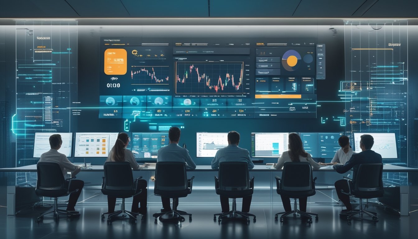 Analis teknologi memantau analitik pertandingan olahraga dan pergerakan data secara real-time pada beberapa layar.