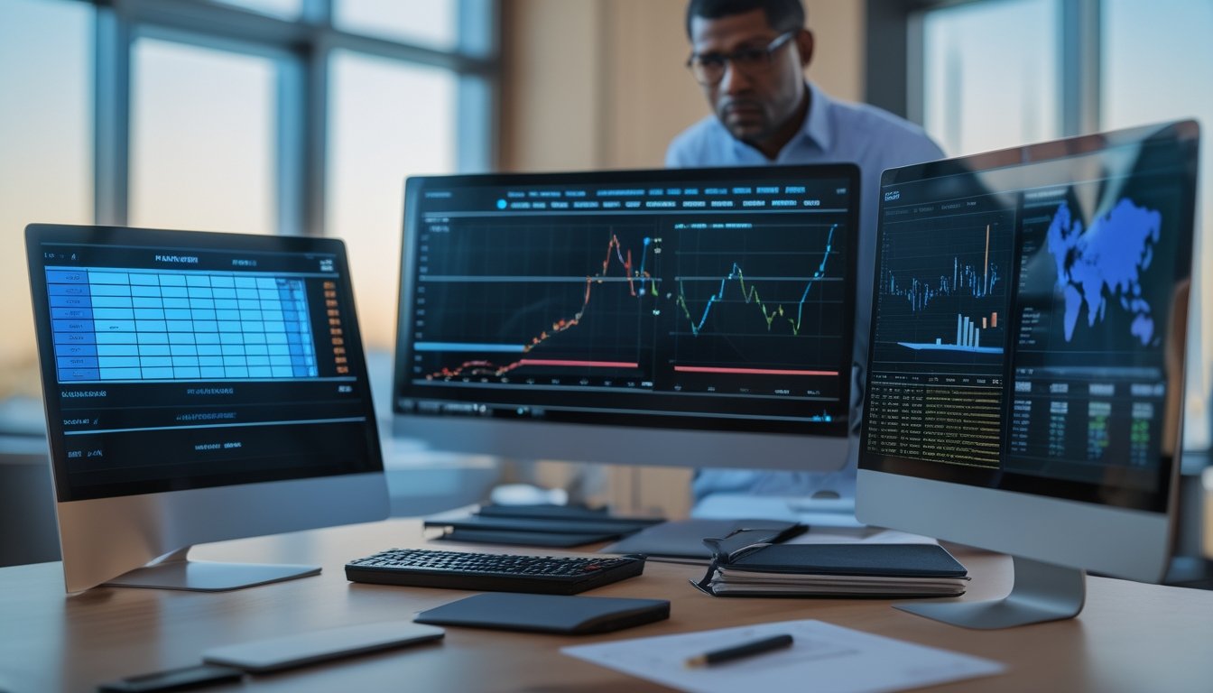 Seorang analis mempelajari statistik pertandingan internasional dan grafik risiko keuangan di ruang kerja modern.