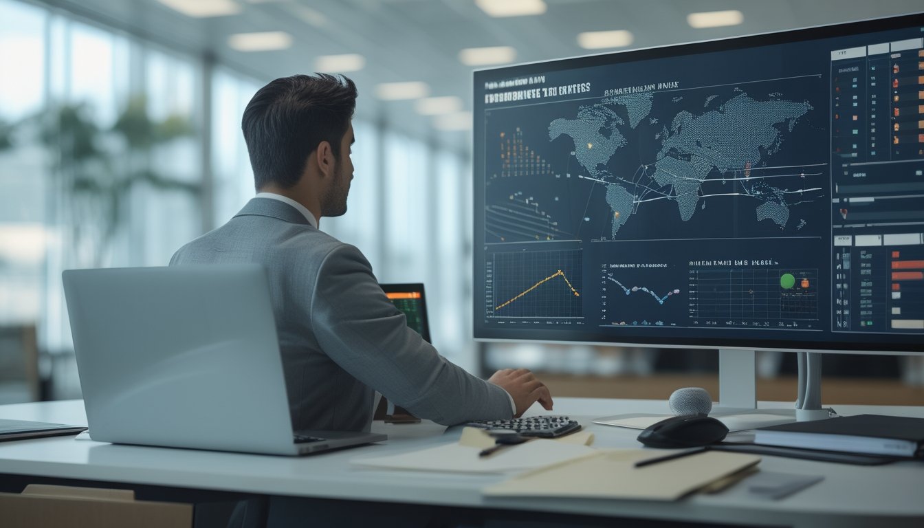 Seorang analis meninjau grafik statistik pertandingan internasional dan indikator risiko keuangan di meja kerja.
