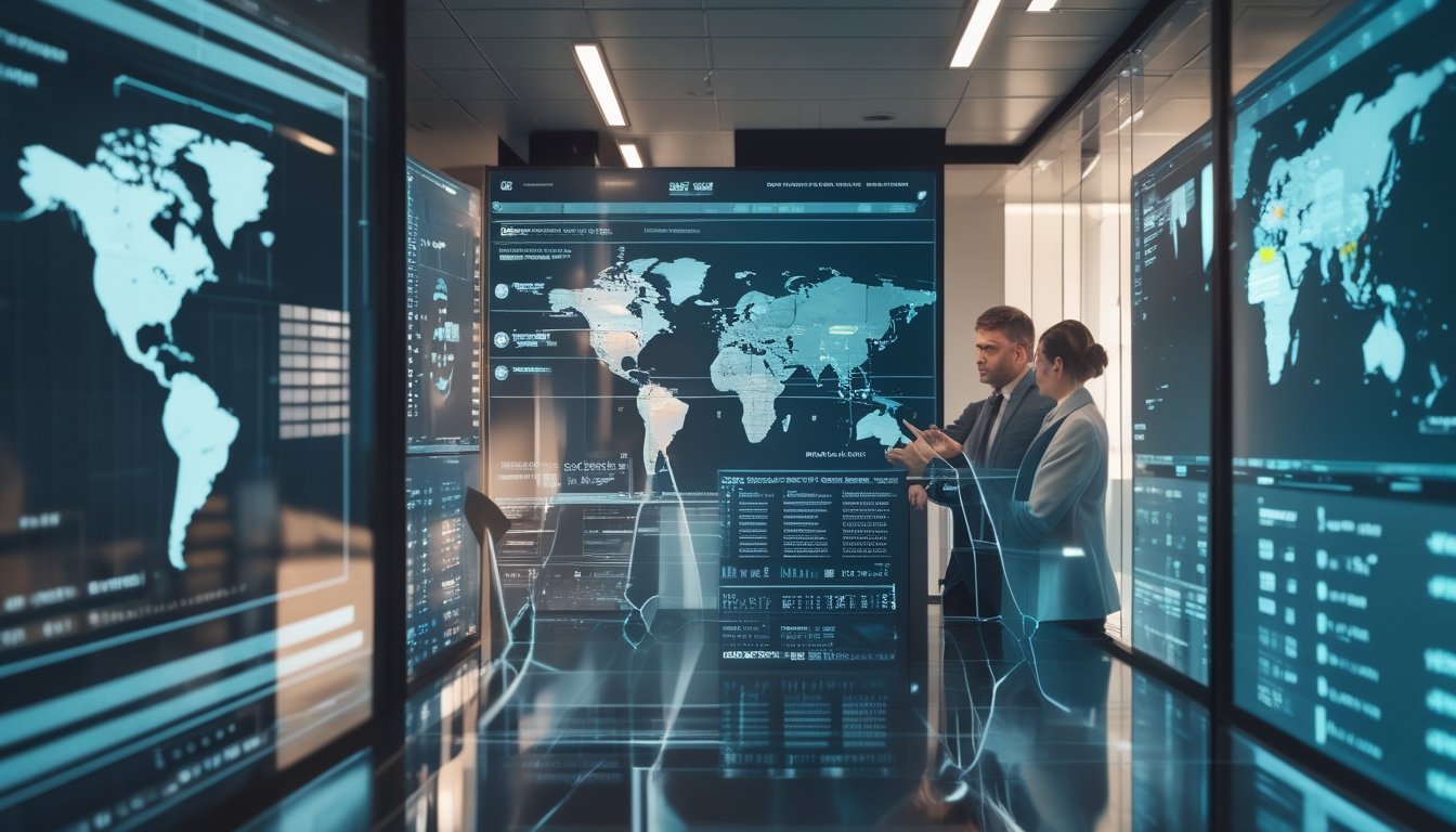 Profesional keamanan siber dan kepatuhan memantau transaksi pembayaran digital global di pusat operasi modern.