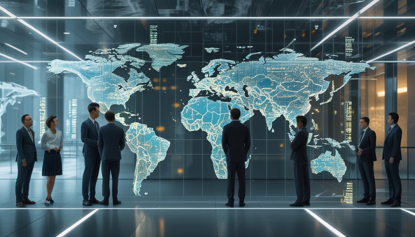 Profesional internasional memantau keamanan pembayaran digital dan kepatuhan regulasi global di pusat operasi teknologi finansial.
