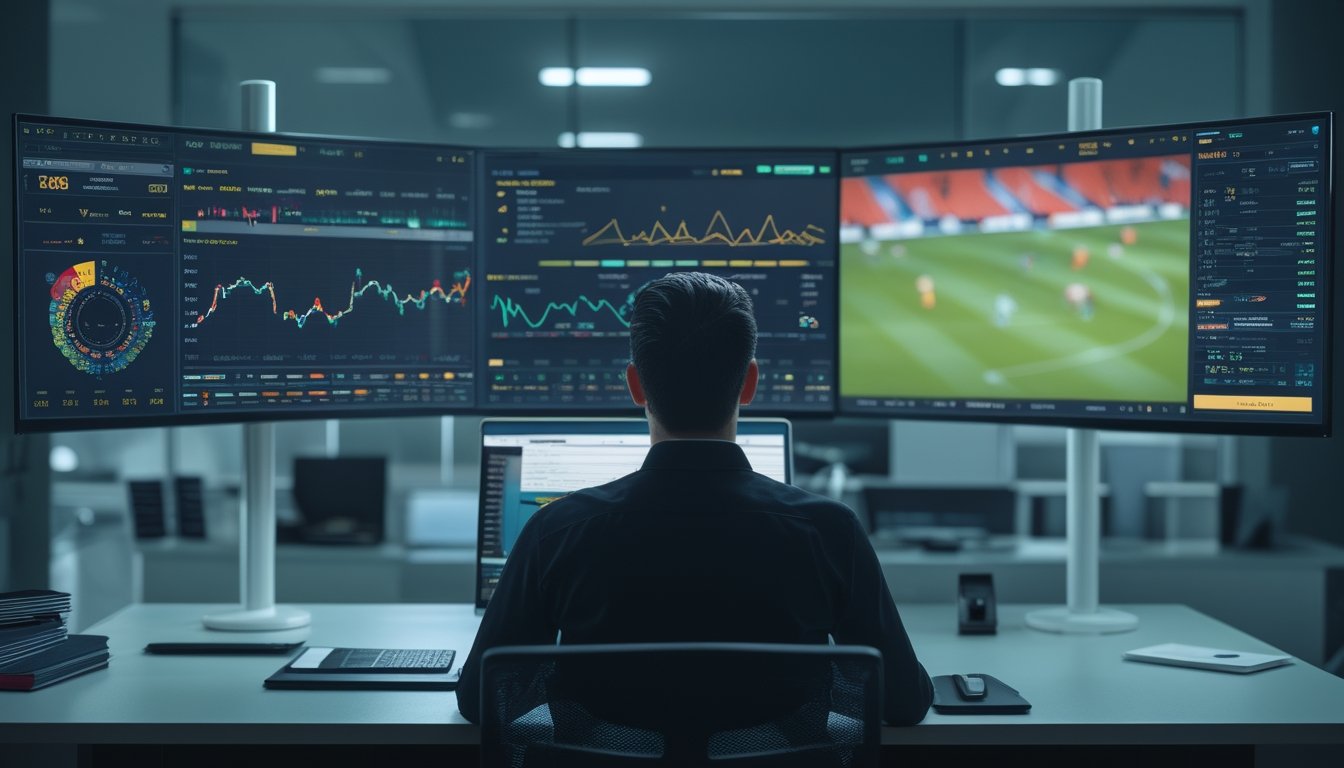 Seorang analis memantau statistik performa pemain dan pertandingan sepak bola secara langsung di ruang kerja modern.
