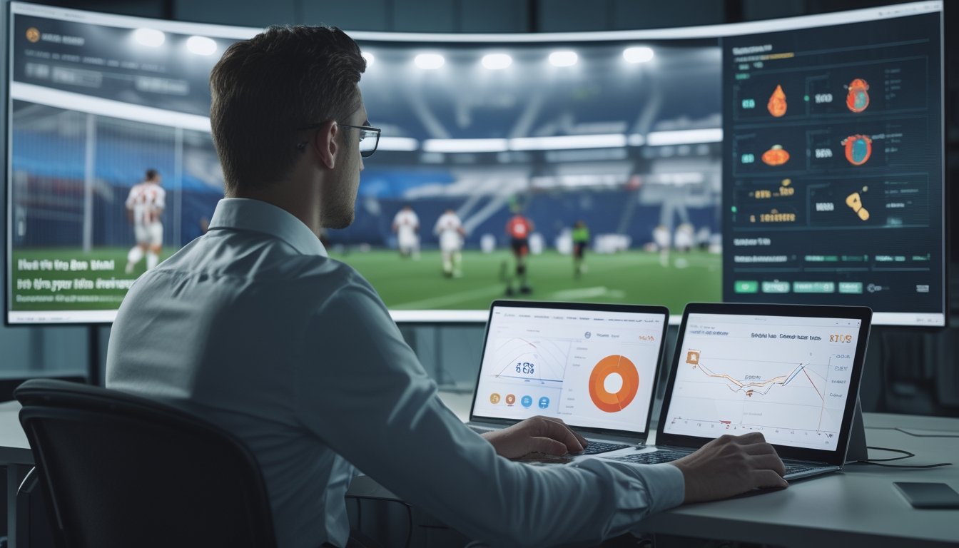 Analis olahraga memantau pertandingan sepak bola sambil memeriksa data performa pemain secara langsung.