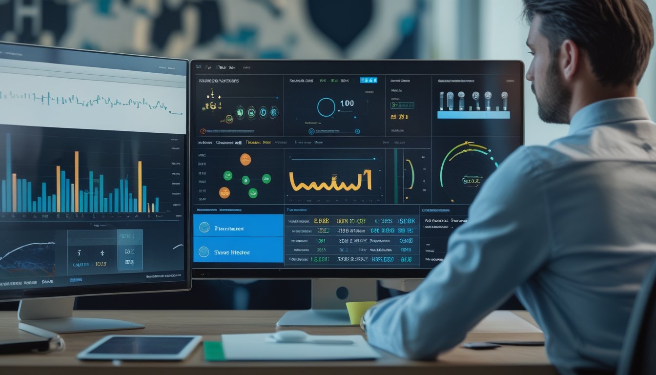 Seorang analis memeriksa grafik data dan statistik olahraga di ruang kerja modern.