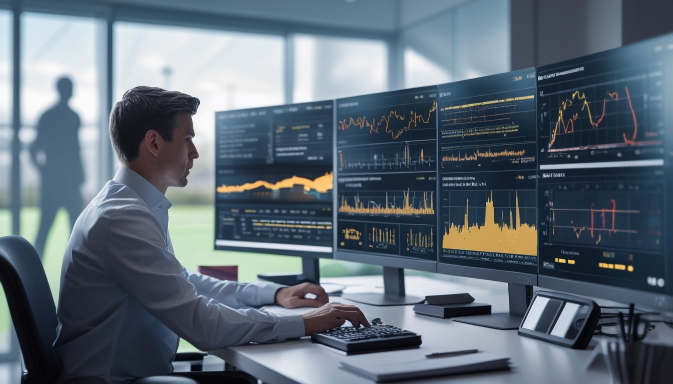 Analis olahraga memeriksa grafik telemetri dan statistik pertandingan di beberapa monitor.