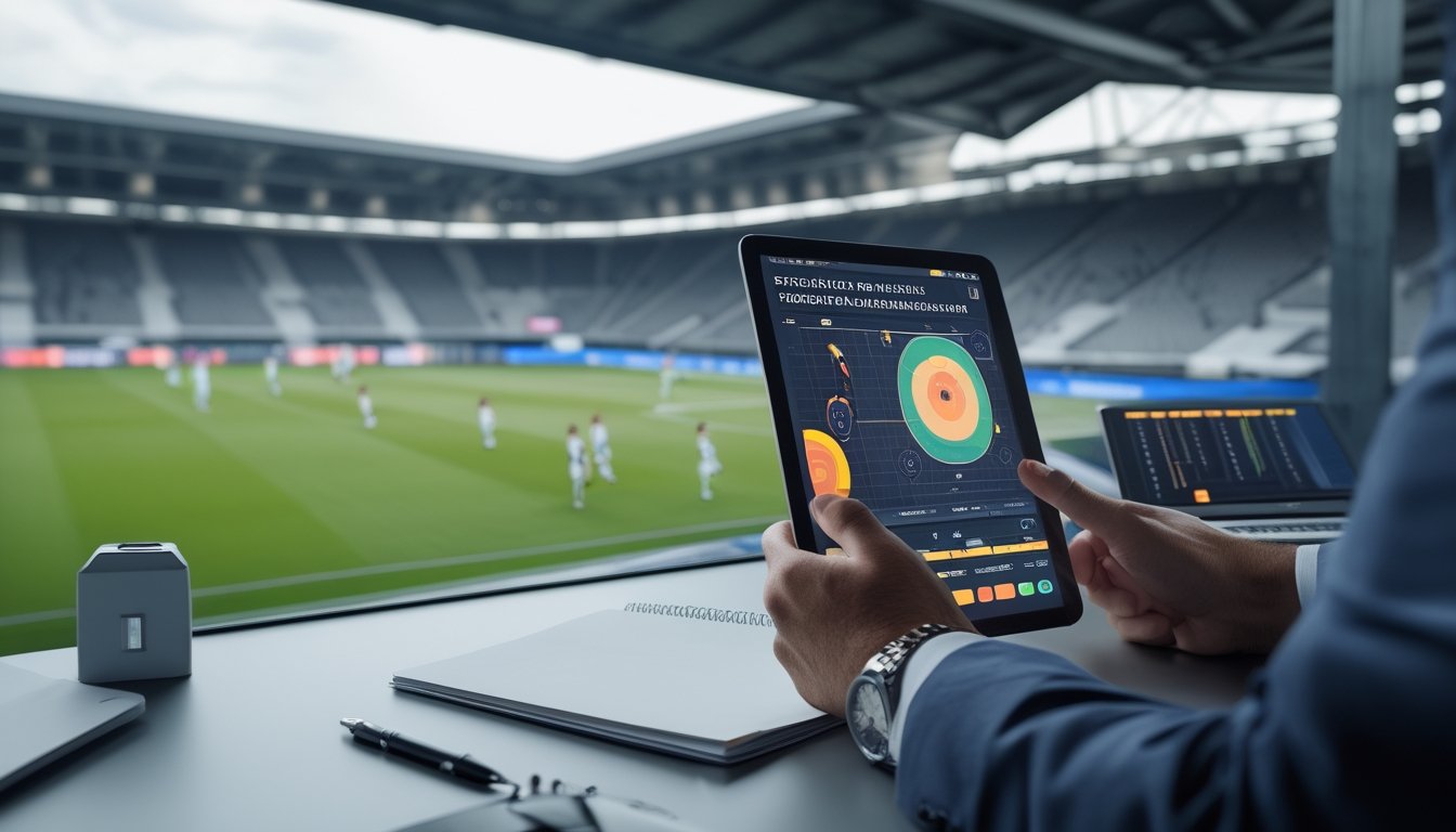 Analis sedang mempelajari data pertandingan sepak bola melalui tablet di dekat lapangan stadion.