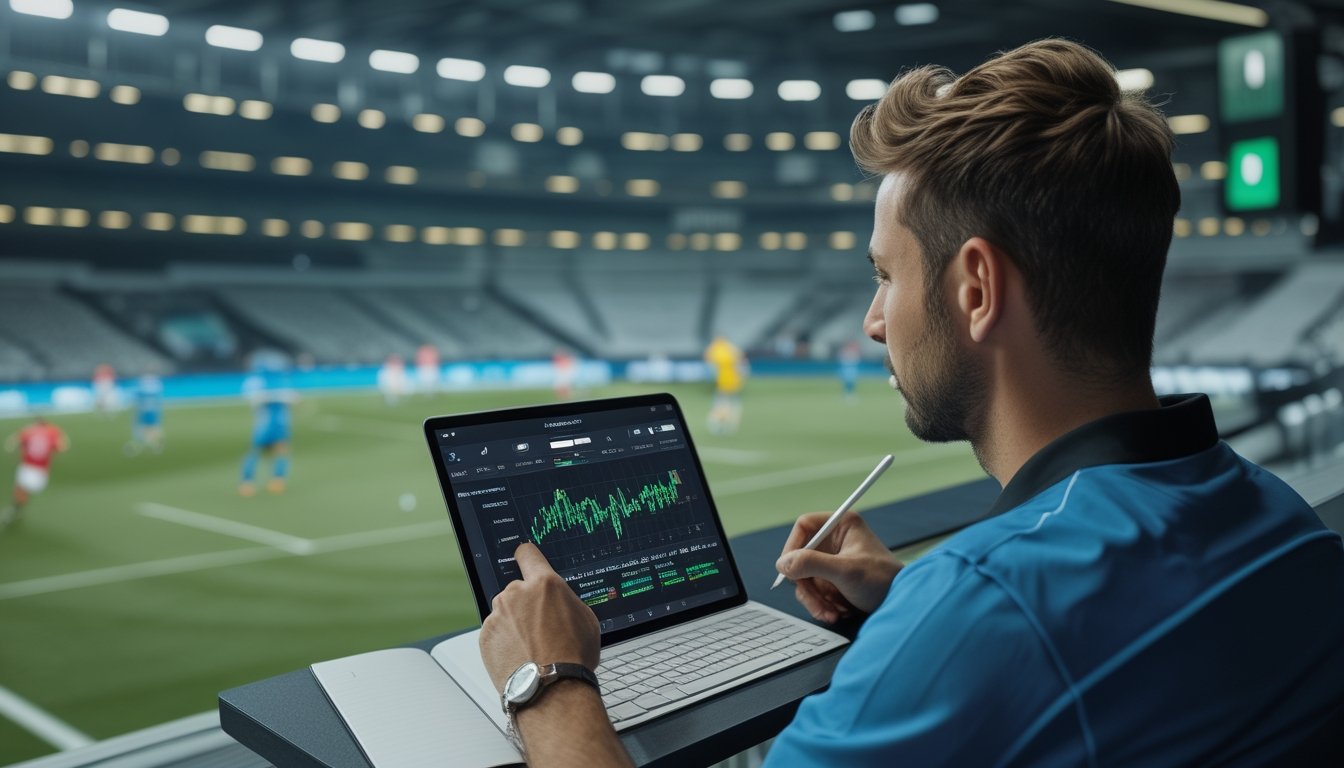Seorang analis mengamati pertandingan sepak bola sambil mempelajari data pertandingan melalui tablet.