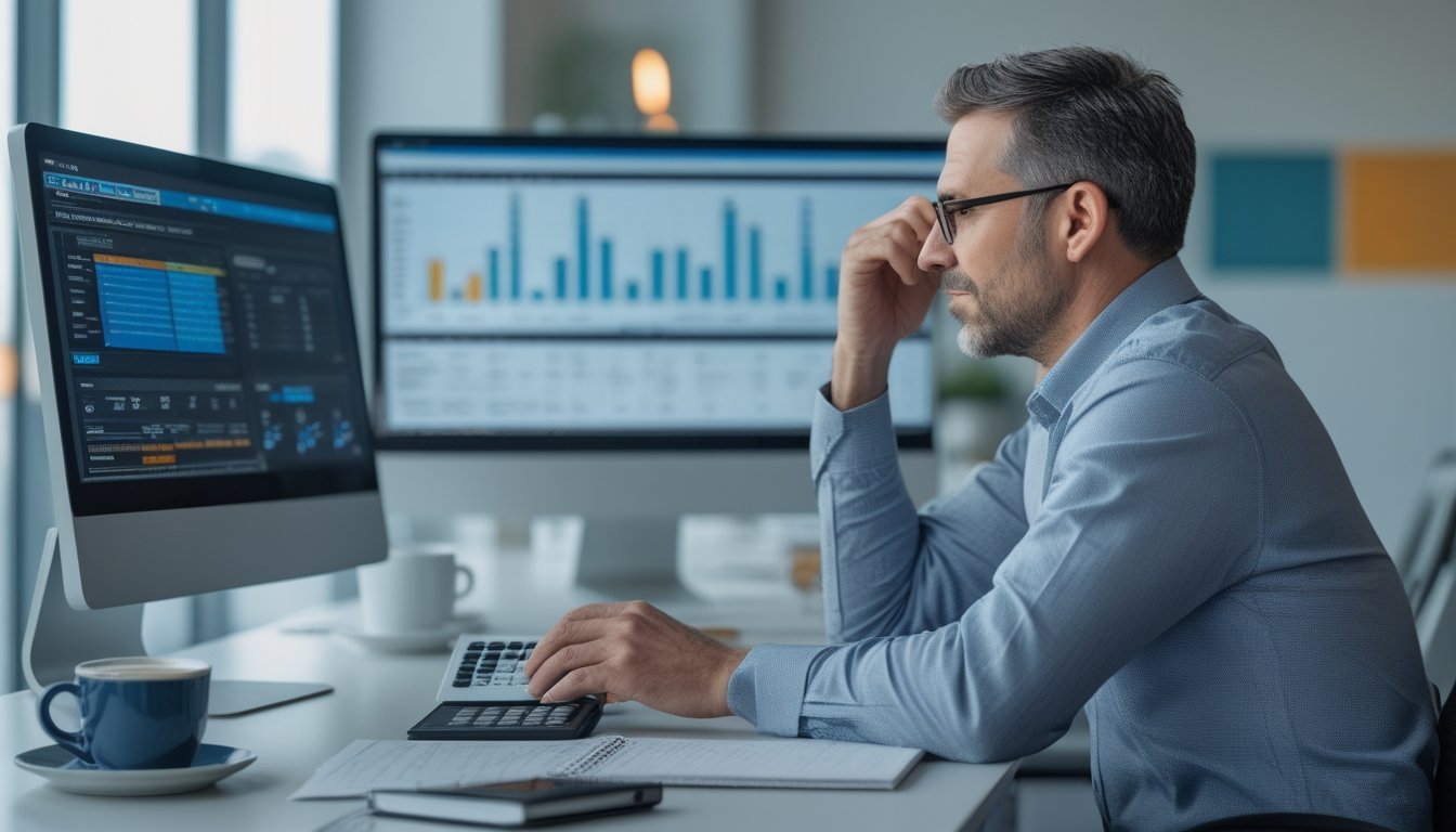 Seorang analis olahraga dengan tenang membandingkan data pertandingan dan grafik peluang di meja kerja.
