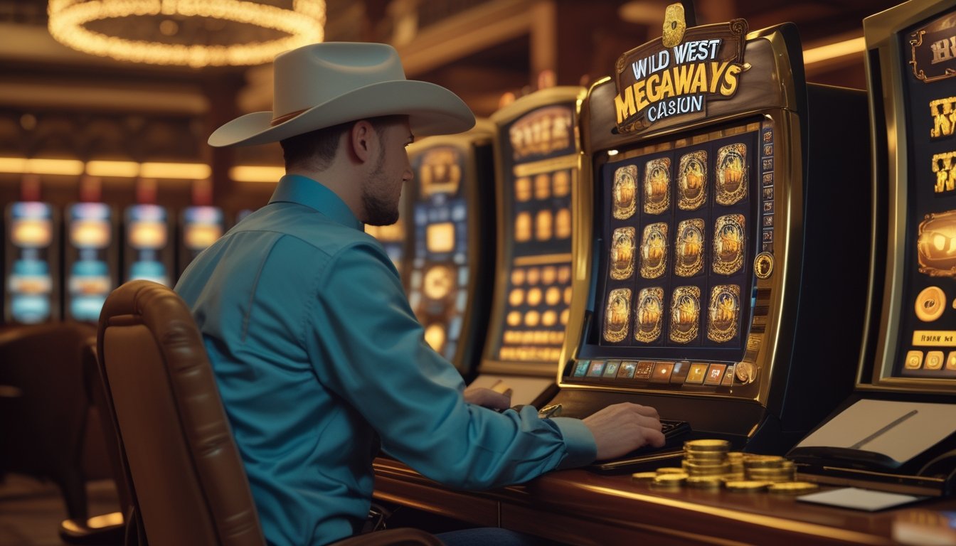 Seorang pemain mempelajari mesin permainan bergaya Wild West dengan simbol emas dan fitur putaran gratis di lingkungan kasino bernuansa koboi.