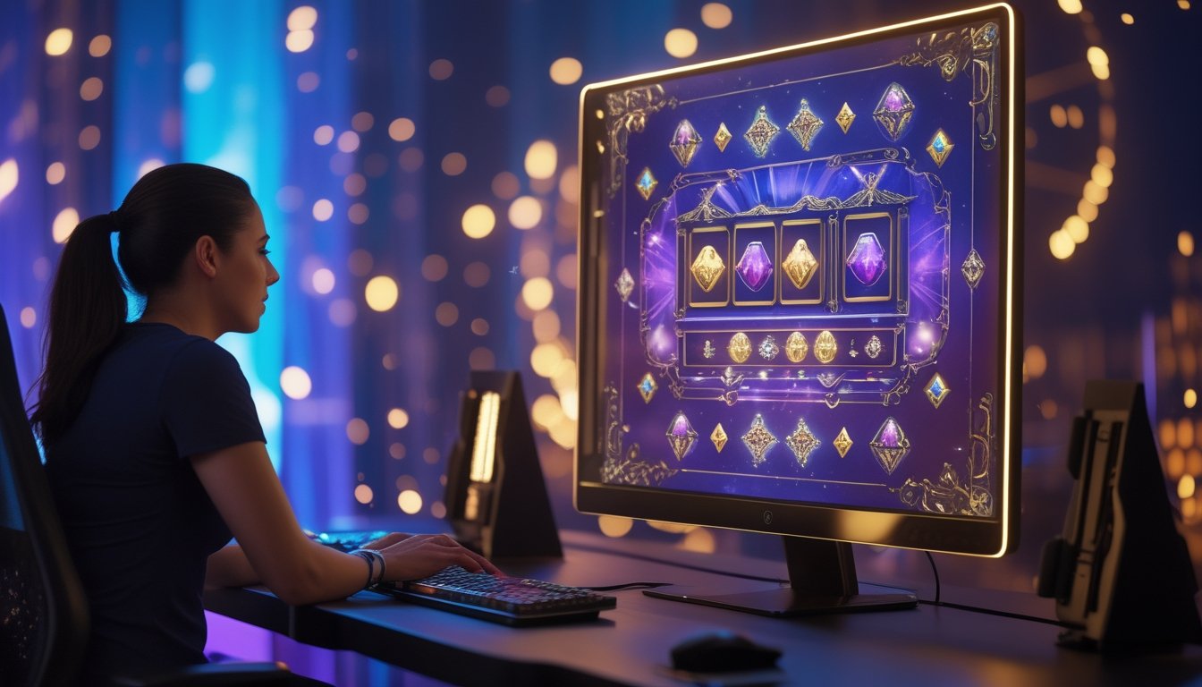 Seorang pemain melihat permainan slot bertema fantasi dengan simbol bercahaya dan efek pengganda di layar komputer.