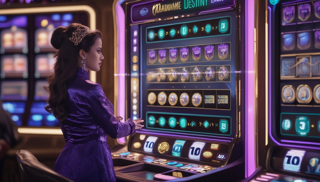Mesin permainan bergaya futuristik dengan simbol berkilau, jalur kemenangan bercahaya, dan pengganda kemenangan dalam suasana kasino mistis.