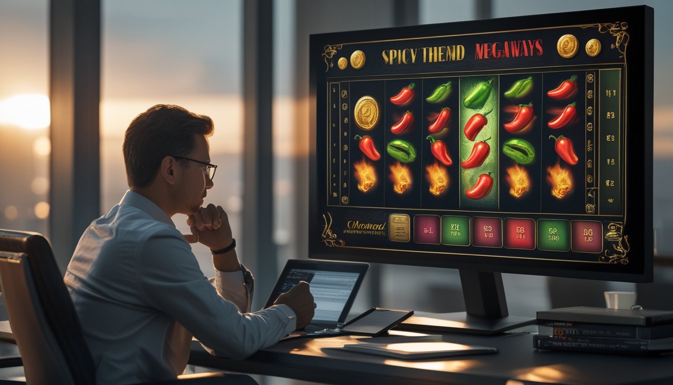 Seorang pengulas dewasa menganalisis permainan slot bertema cabai di ruang permainan modern.