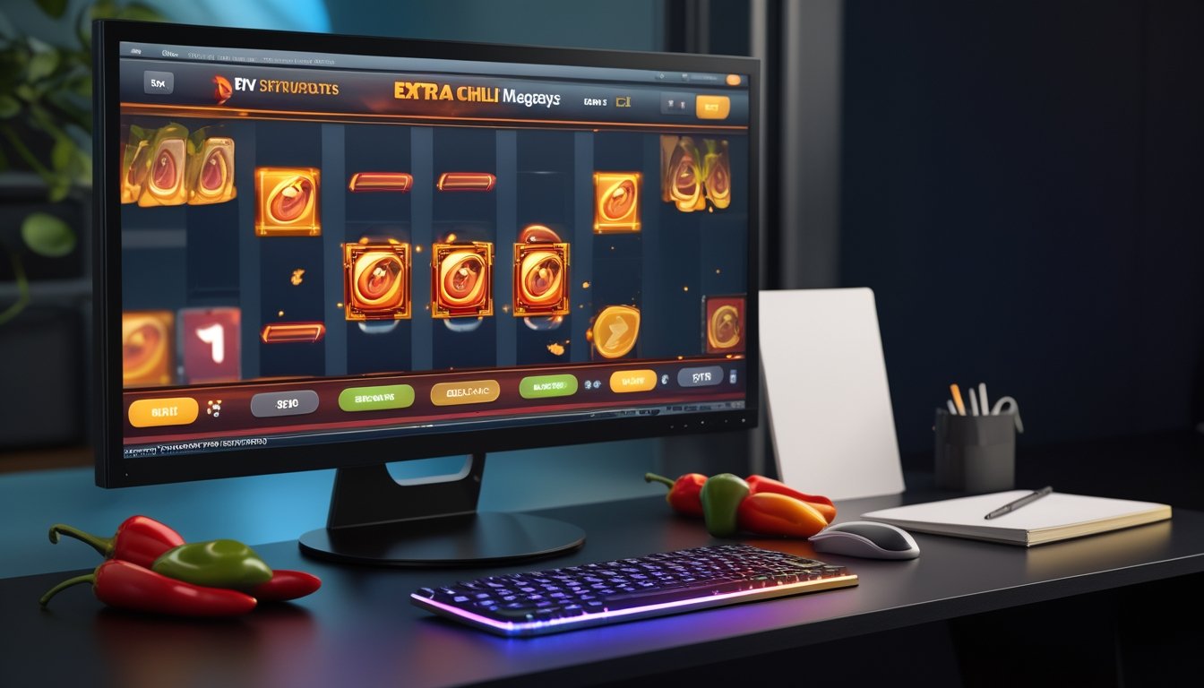Monitor menampilkan permainan slot bertema cabai di meja gaming modern dengan pencahayaan hangat.