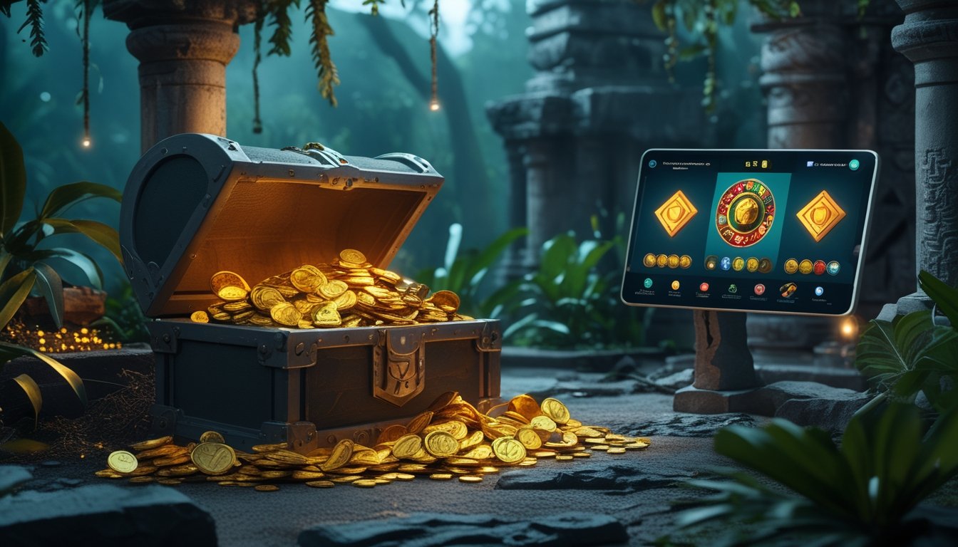 Peti harta karun bercahaya di antara reruntuhan kuil dan hutan tropis dengan perangkat permainan digital.