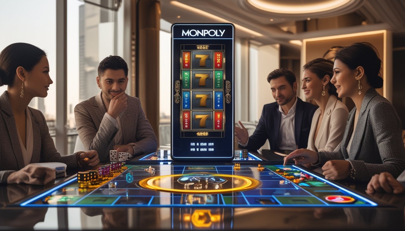 Sekelompok orang dewasa memainkan permainan bertema papan properti dan mesin slot digital di ruang hiburan modern.
