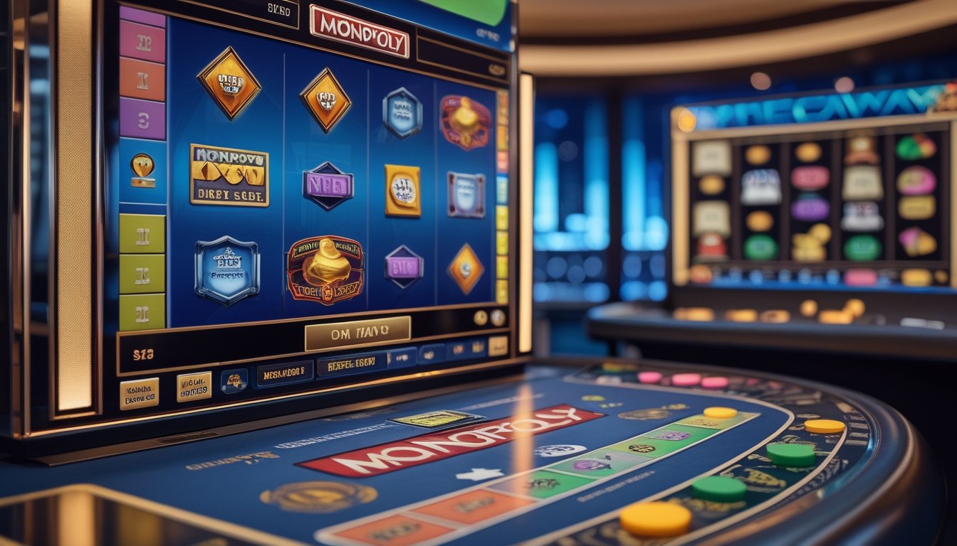 Layar permainan slot bertema Monopoly dengan gulungan simbol warna-warni berada di samping papan permainan, dadu, pion, rumah, hotel, dan koin.