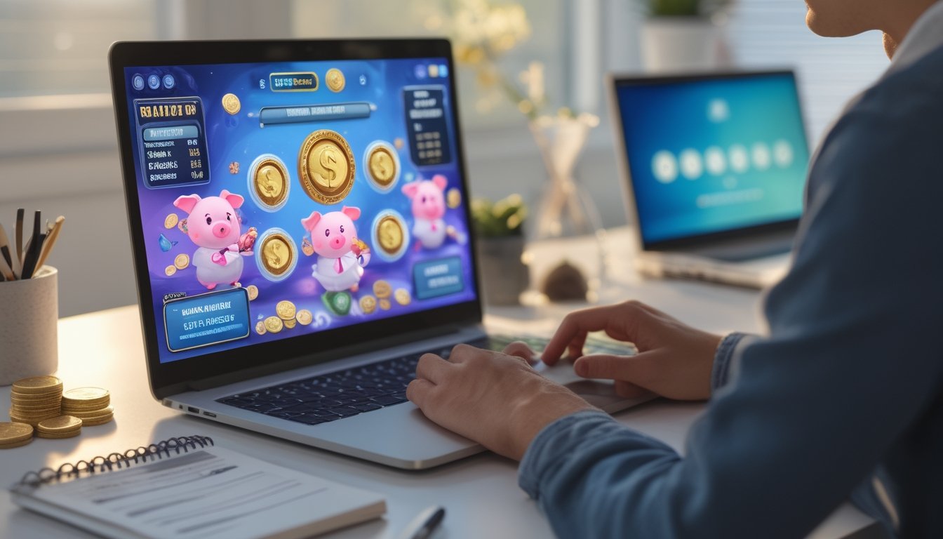 Seorang pemain mengamati permainan bertema babi di laptop sambil mengatur koin dan anggaran kecil di meja.