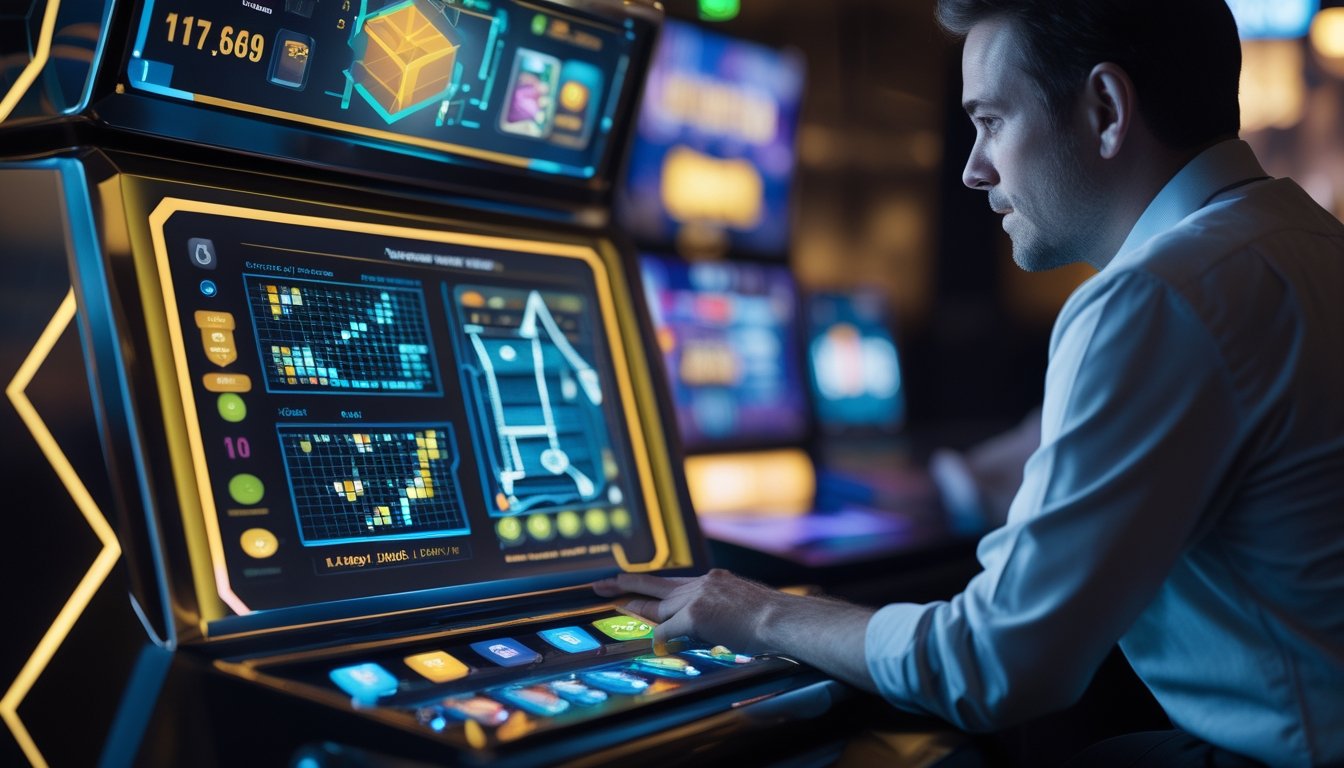 Seorang pemula mempelajari mesin slot digital dengan pola kombinasi dan grafik analisis di lingkungan kasino modern.
