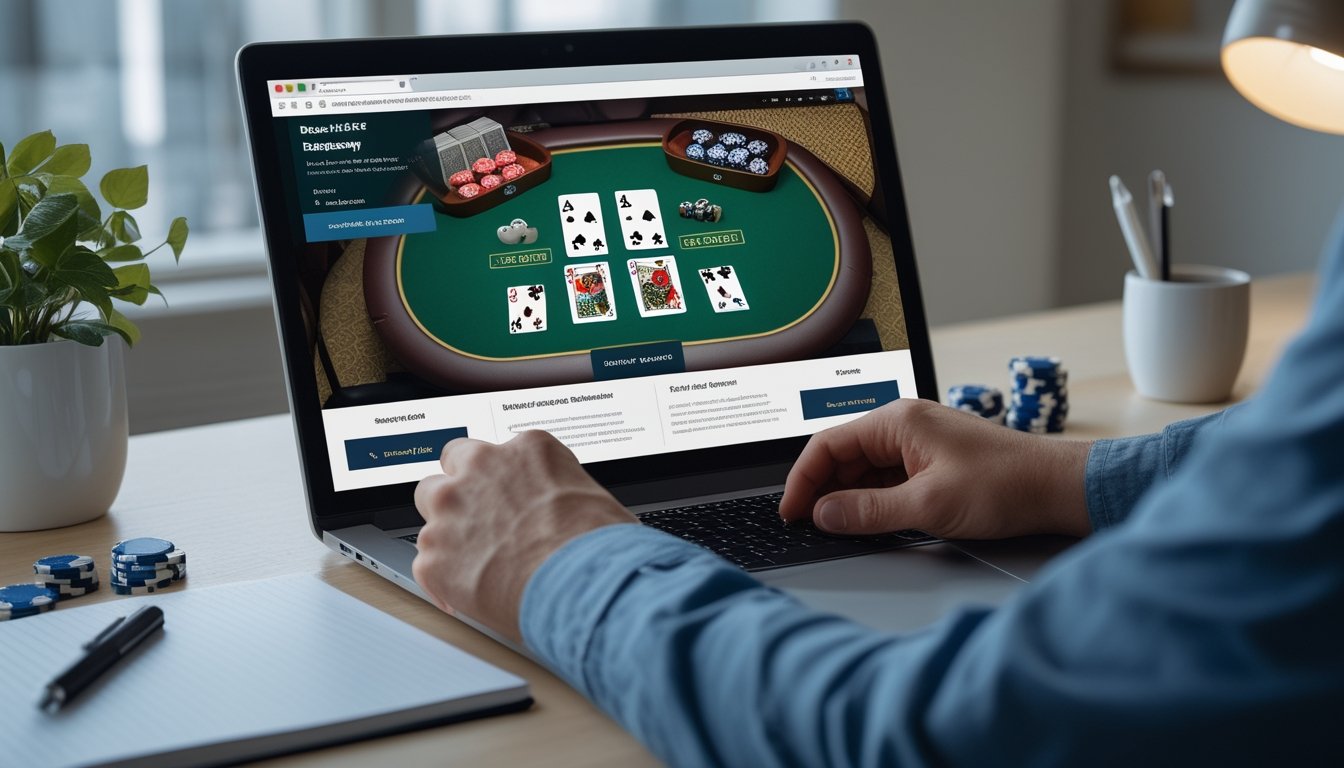 Seorang pemula mempelajari permainan blackjack online dengan kedua kartu dealer terbuka di layar laptop.