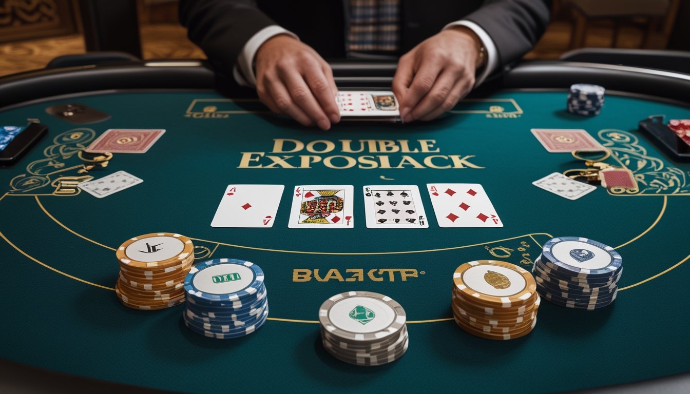 Meja blackjack dengan kartu terbuka, keping taruhan, dan tangan dealer yang sedang menunjukkan permainan.