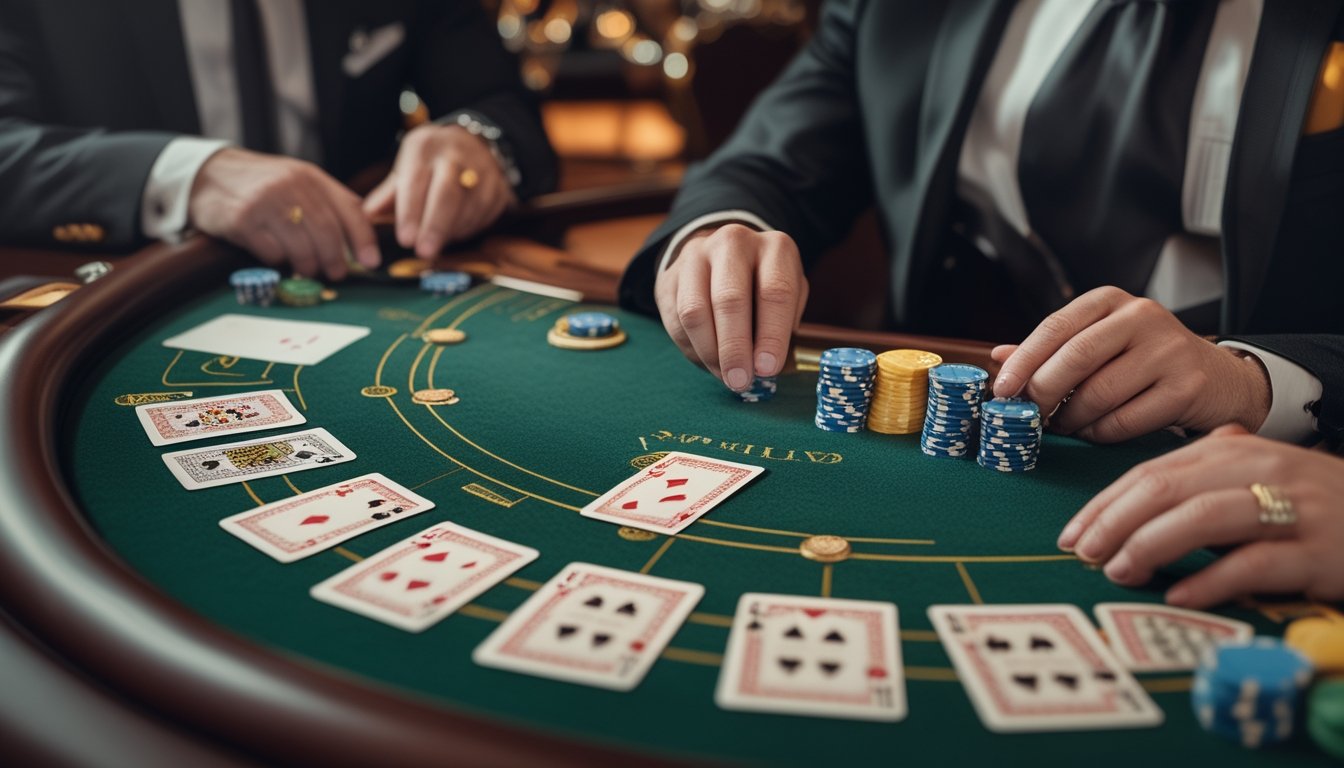 Seorang pemain mengamati kartu dealer yang terbuka di meja blackjack dengan chip kasino di sekitarnya.
