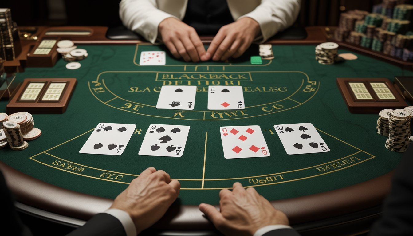 Meja blackjack dengan kartu dealer terbuka, kartu pemain, dan keping taruhan di kasino.