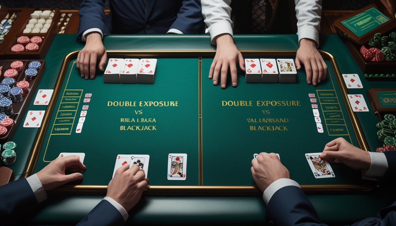 Meja blackjack kasino menampilkan perbandingan permainan Double Exposure dan blackjack biasa dengan kartu serta keping taruhan.