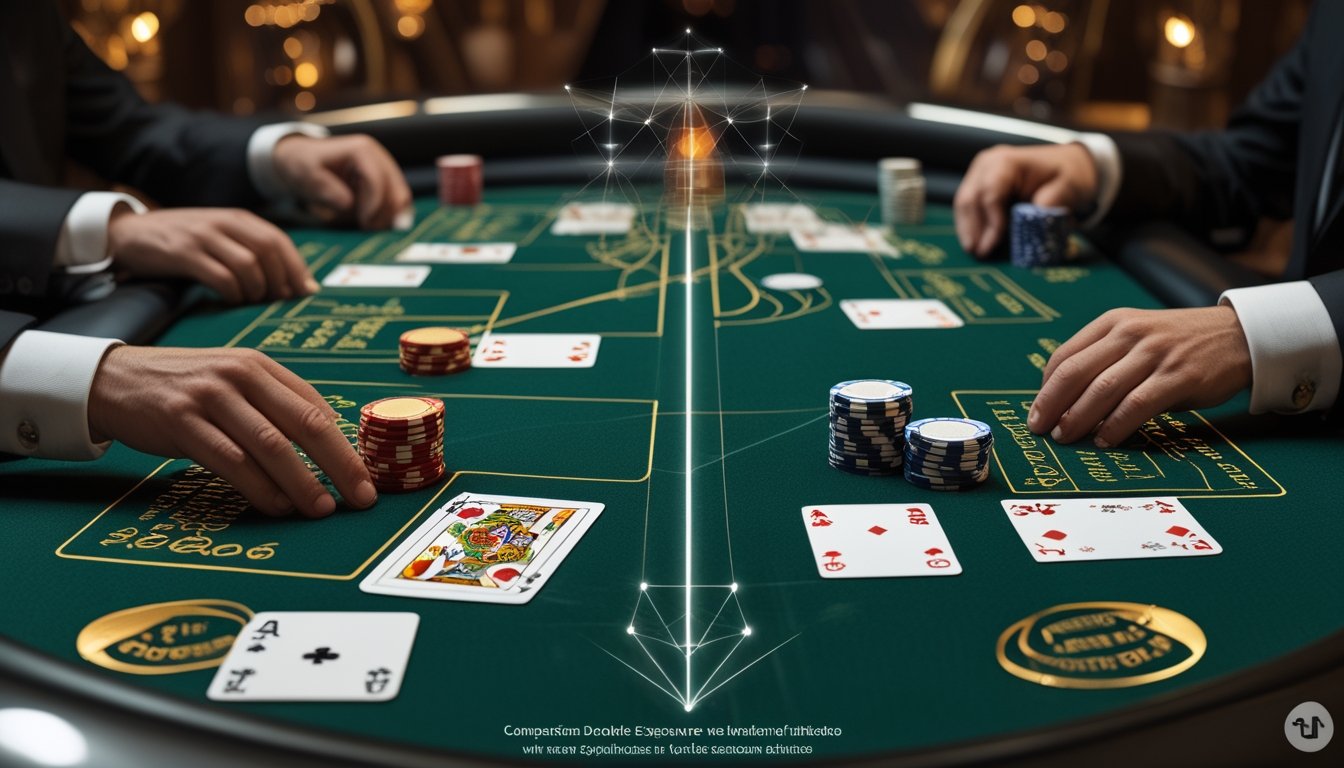 Meja blackjack kasino menampilkan dua susunan kartu dan keping untuk membandingkan Double Exposure Blackjack dengan blackjack biasa.