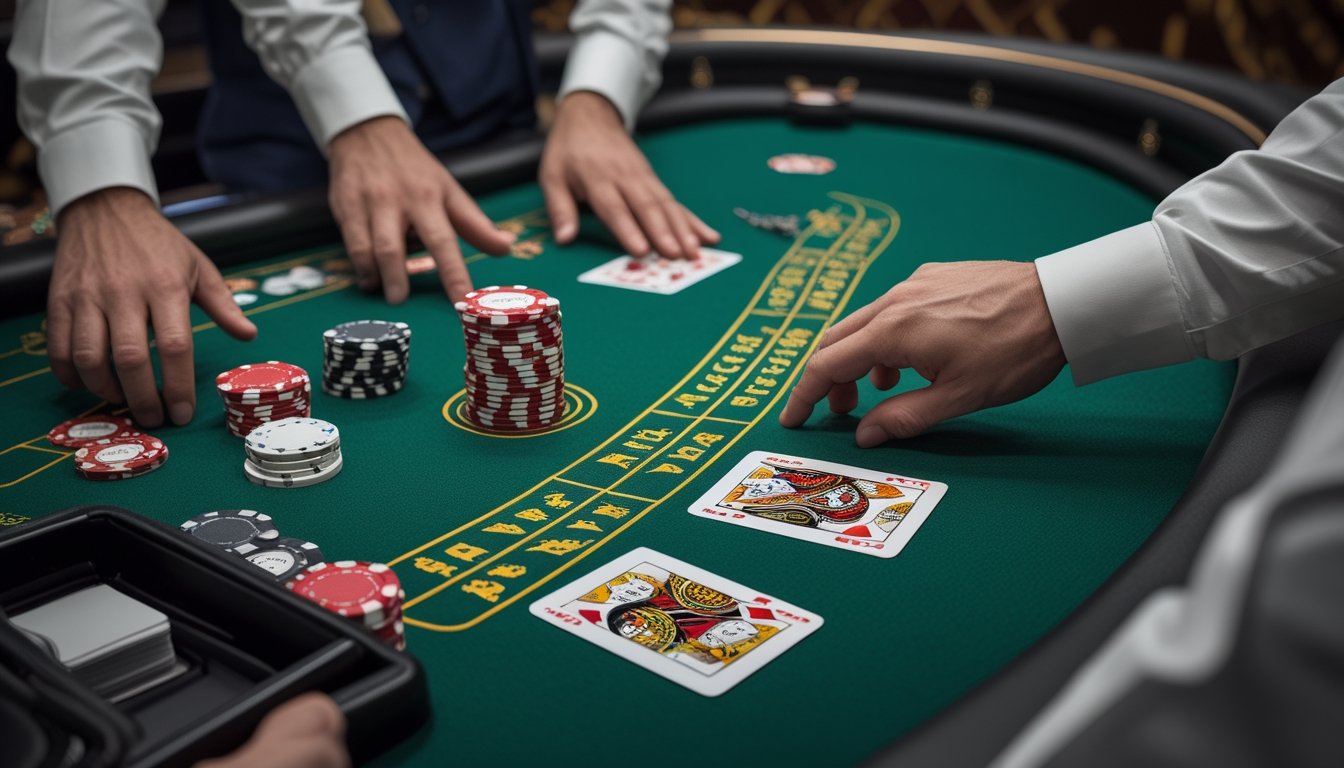 Pemain tampak ragu mengambil keputusan di meja blackjack dengan kartu terbuka dan keping taruhan di atas meja.