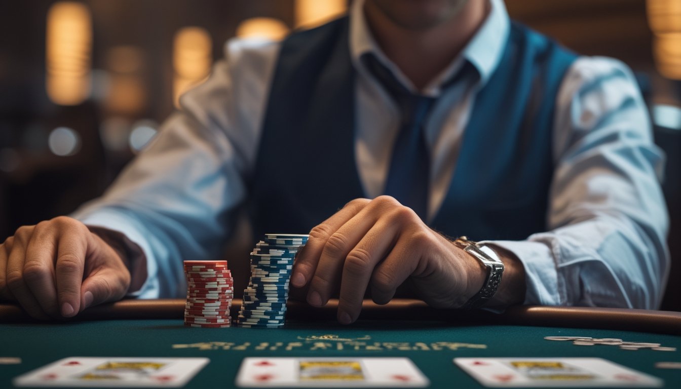 Pemain blackjack berhati-hati memeriksa kartu yang terbuka dan tumpukan chip di meja kasino.