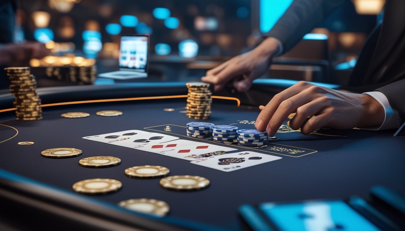 Meja blackjack modern dengan kartu, keping kasino, dan tangan dealer yang sedang membagikan kartu.