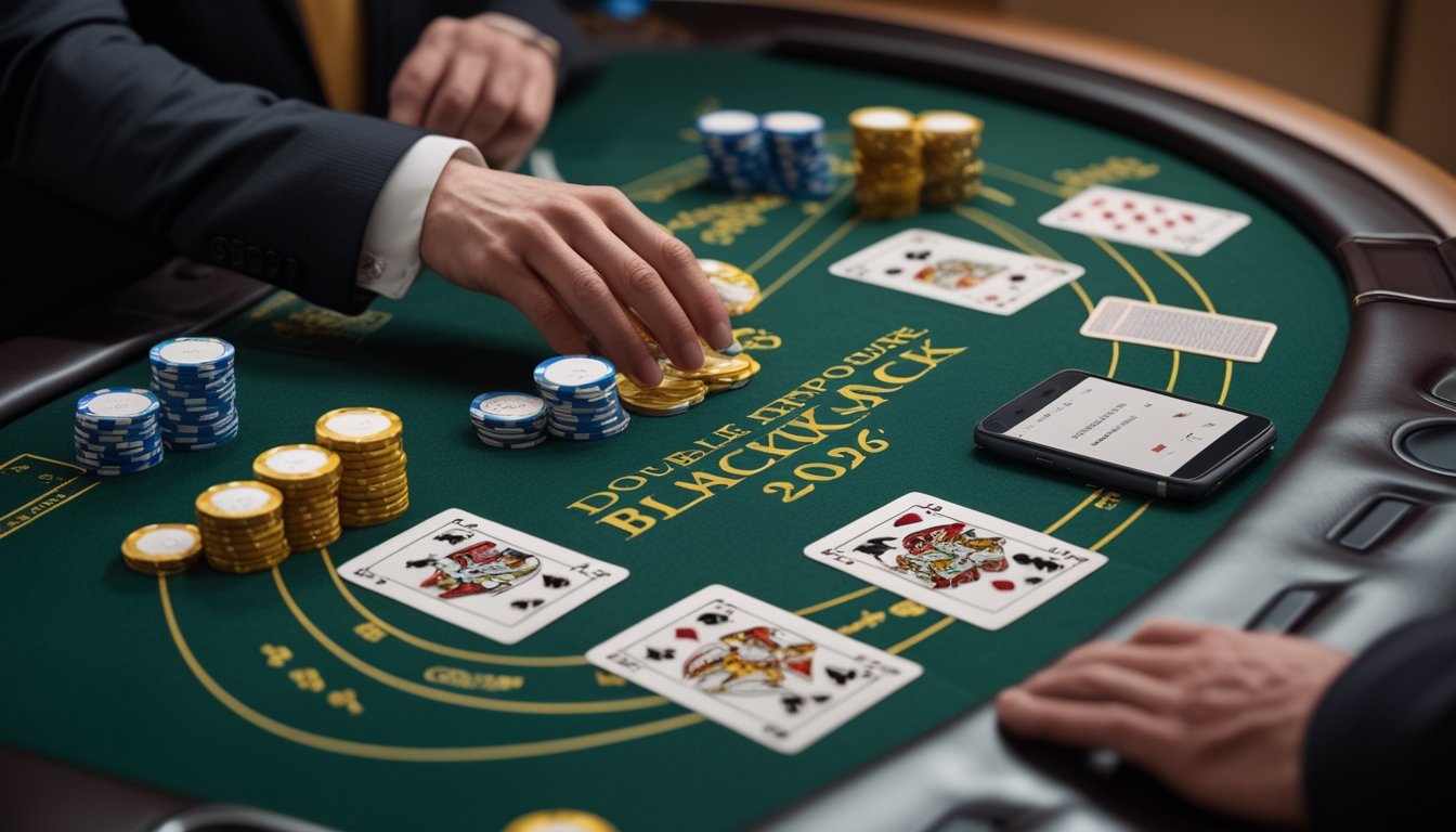 Meja blackjack dengan kartu terbuka, keping kasino, dan ponsel di lingkungan kasino modern.