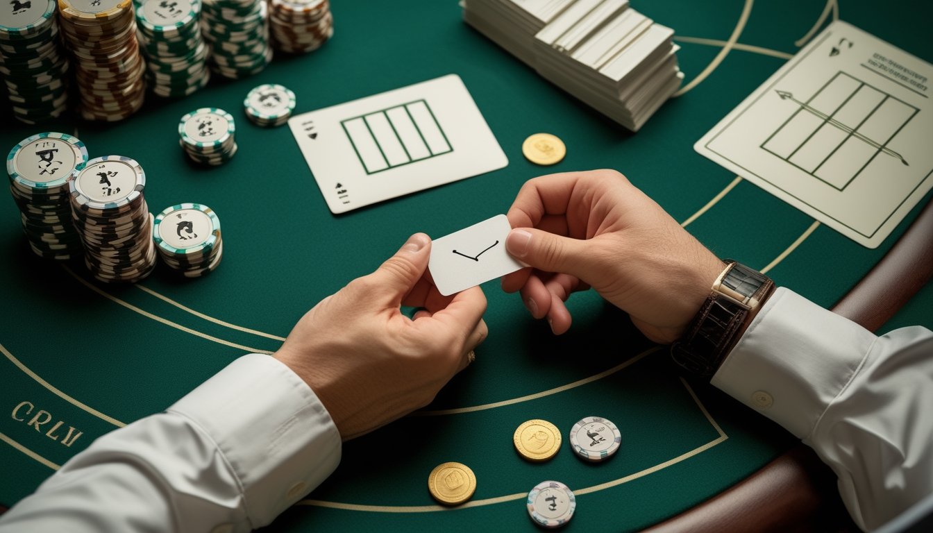 Tangan seseorang menata tumpukan chip bernilai kecil dan kartu blackjack di atas meja kasino.
