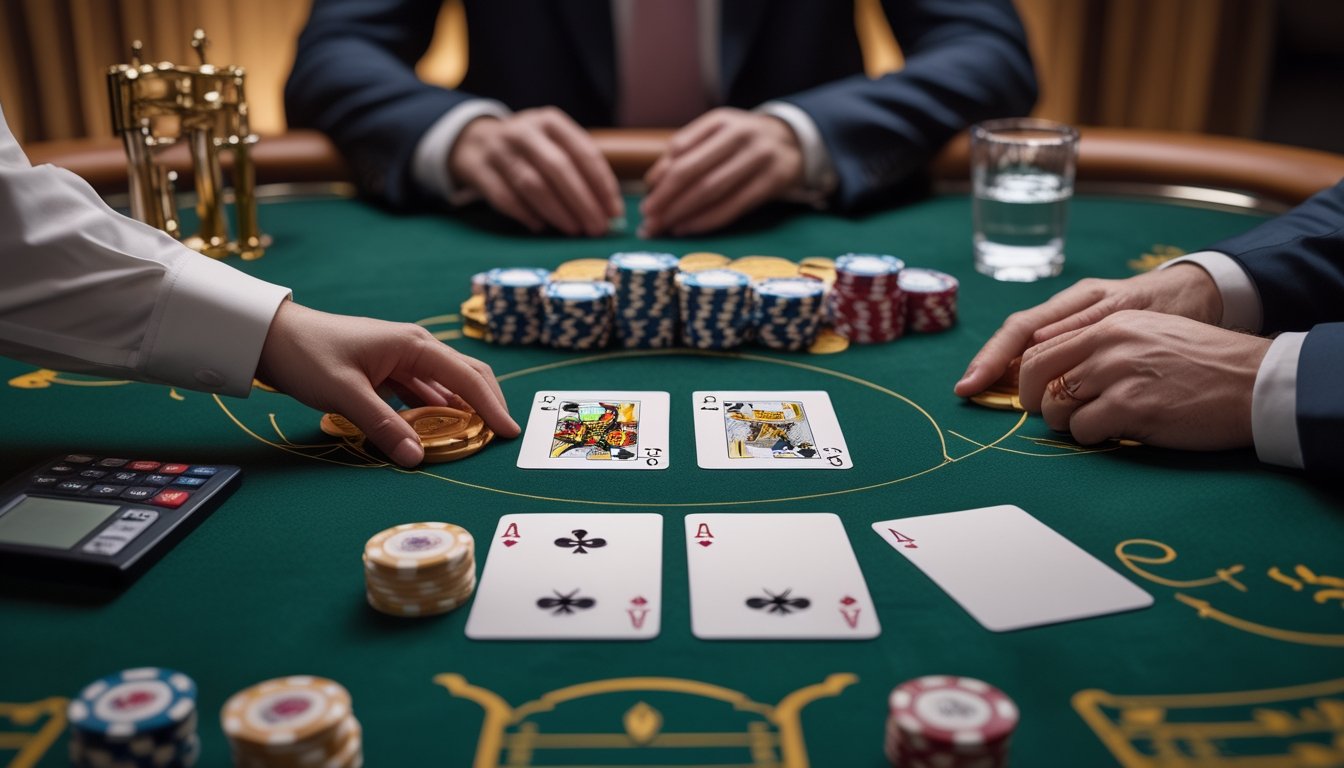Meja Double Exposure Blackjack dengan kartu dealer terbuka, tumpukan chip kecil yang tertata, dan perlengkapan perencanaan anggaran.