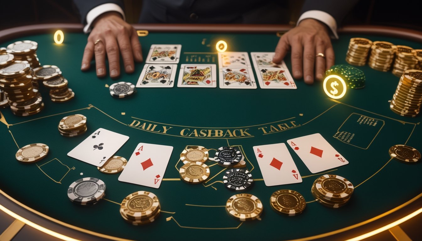 Meja blackjack hijau dengan kartu terbuka, tumpukan chip kasino, dan dealer di interior kasino yang elegan.